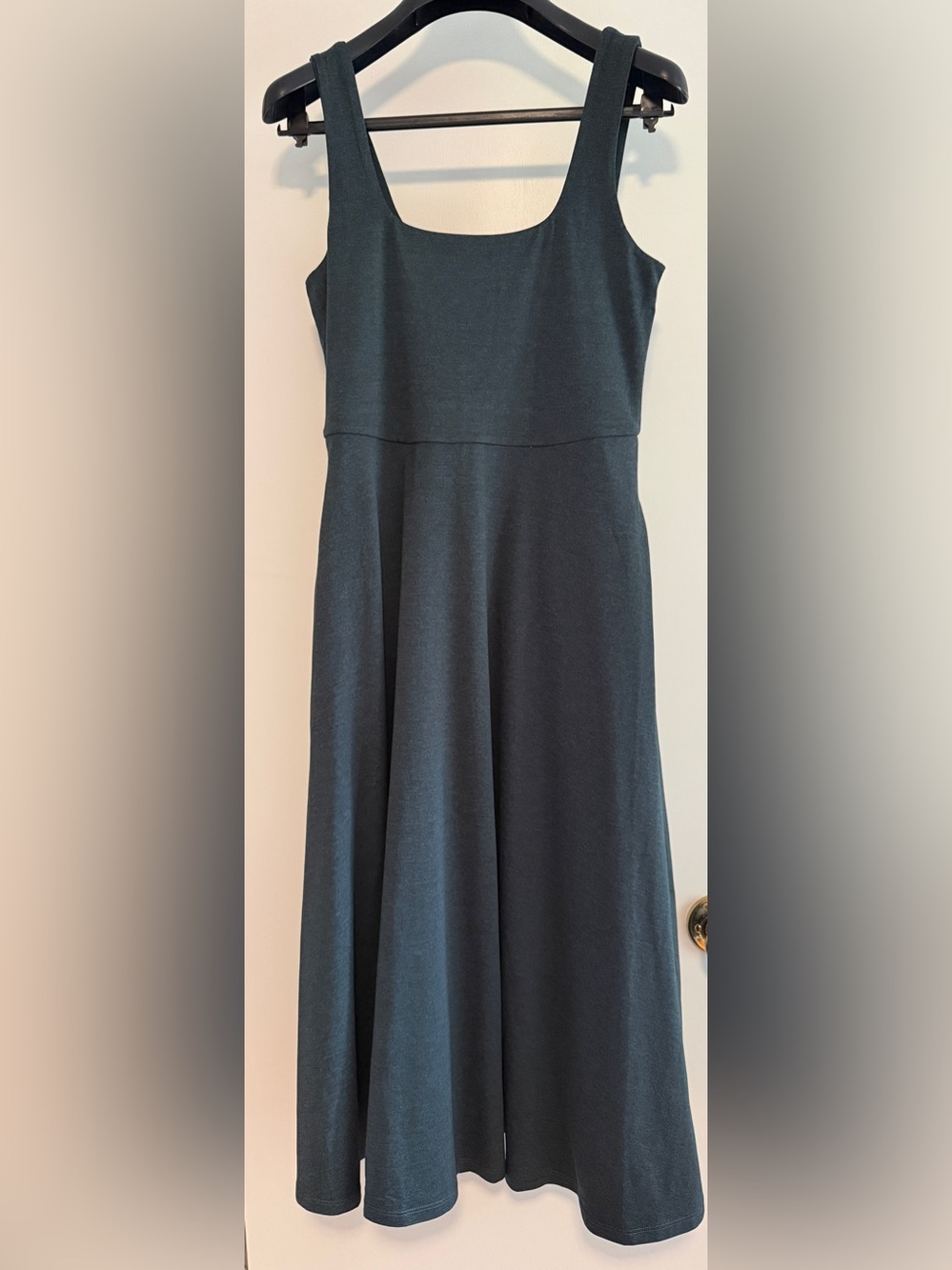 Quince Flowknit Breeze Fit and Flare midi dress heather green S with pockets